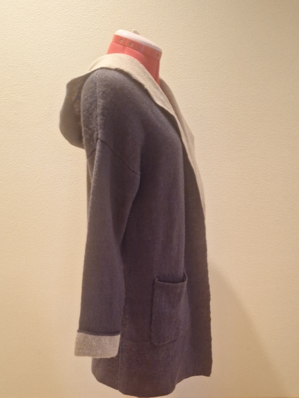 Olivia Sky Two-Tone Hooded Knit Long Cardigan Sweater - Eggplant & Tan Inside S - Picture 3 of 10